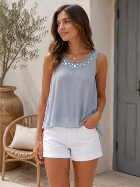 Rebecca Taylor Embellished Light Blue Sleeveless Top